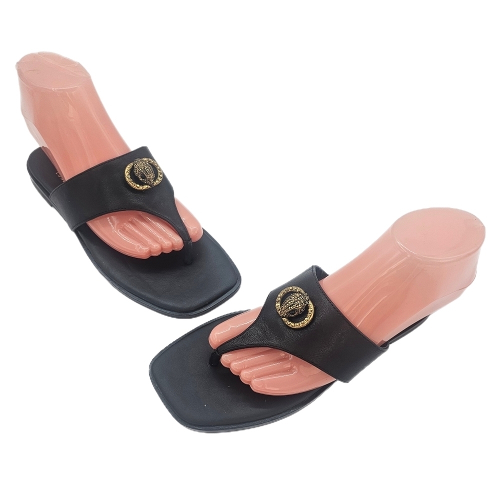 Kurt Geiger London Chelsea Square Toe Leather T-Bar Sandals Black Size 37 US6.5